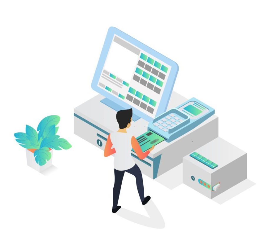 isometric style illustration of cashier payment with ATM